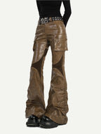 Nico Molly Patchwork Spliced Vintage Slim Micro Flare Workwear Women's Pu Leather Pants
