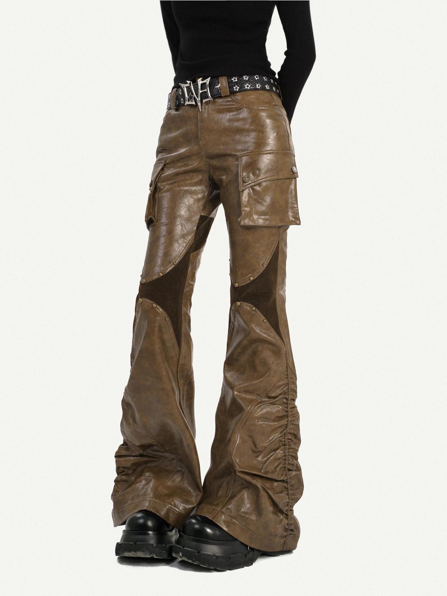 Nico Molly Patchwork Spliced Vintage Slim Micro Flare Workwear Women's Pu Leather Pants