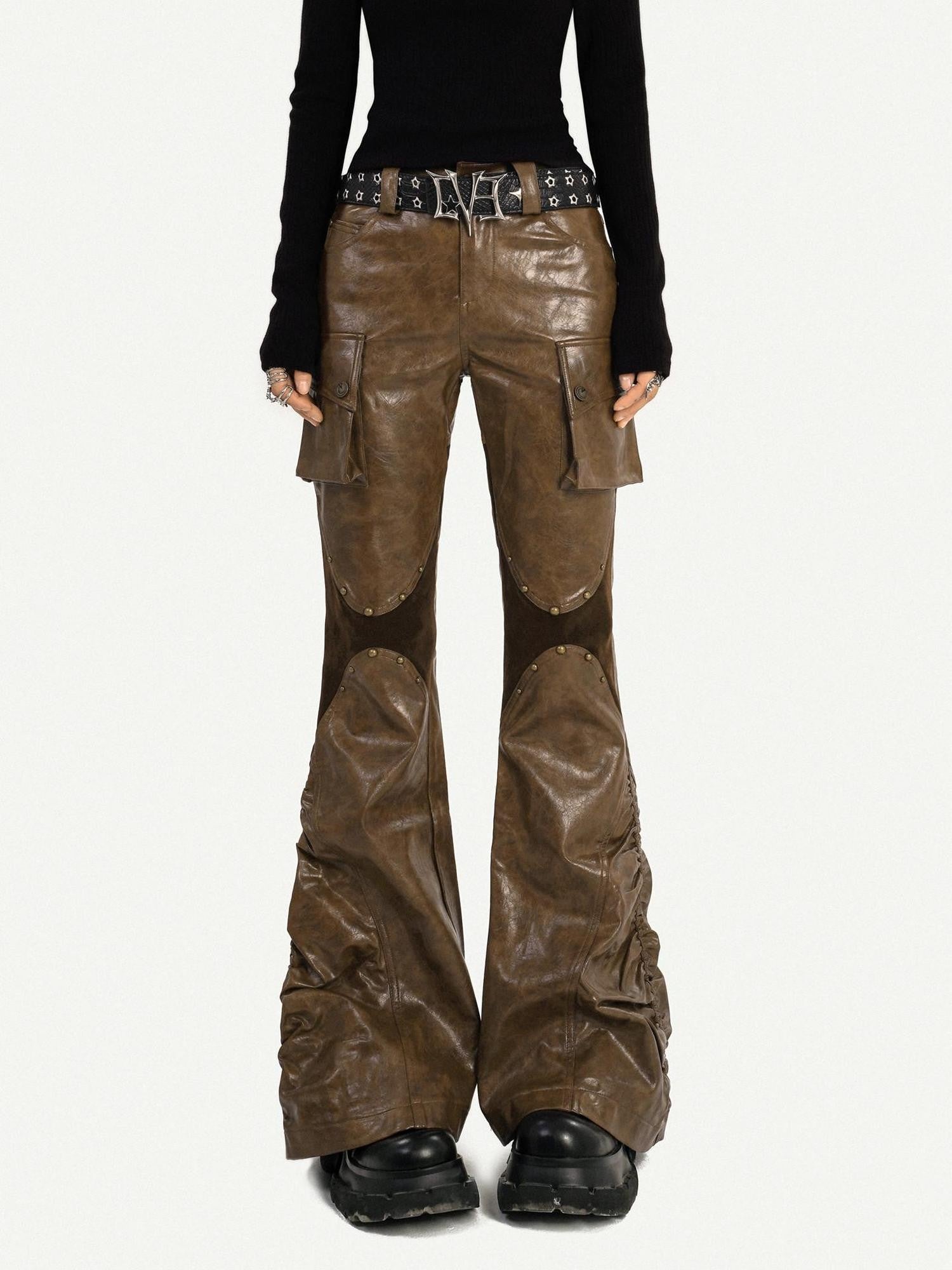Nico Molly Patchwork Spliced Vintage Slim Micro Flare Workwear Women's Pu Leather Pants