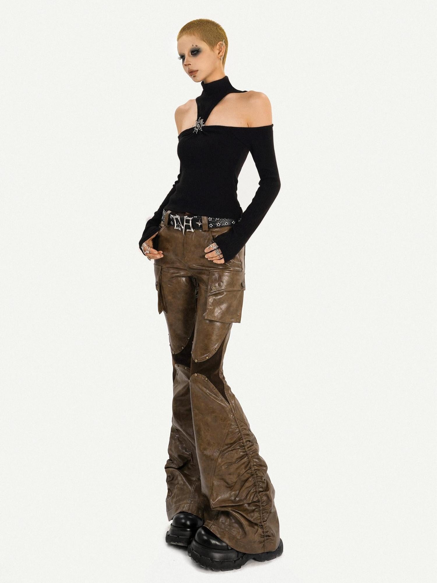 Nico Molly Patchwork Spliced Vintage Slim Micro Flare Workwear Women's Pu Leather Pants