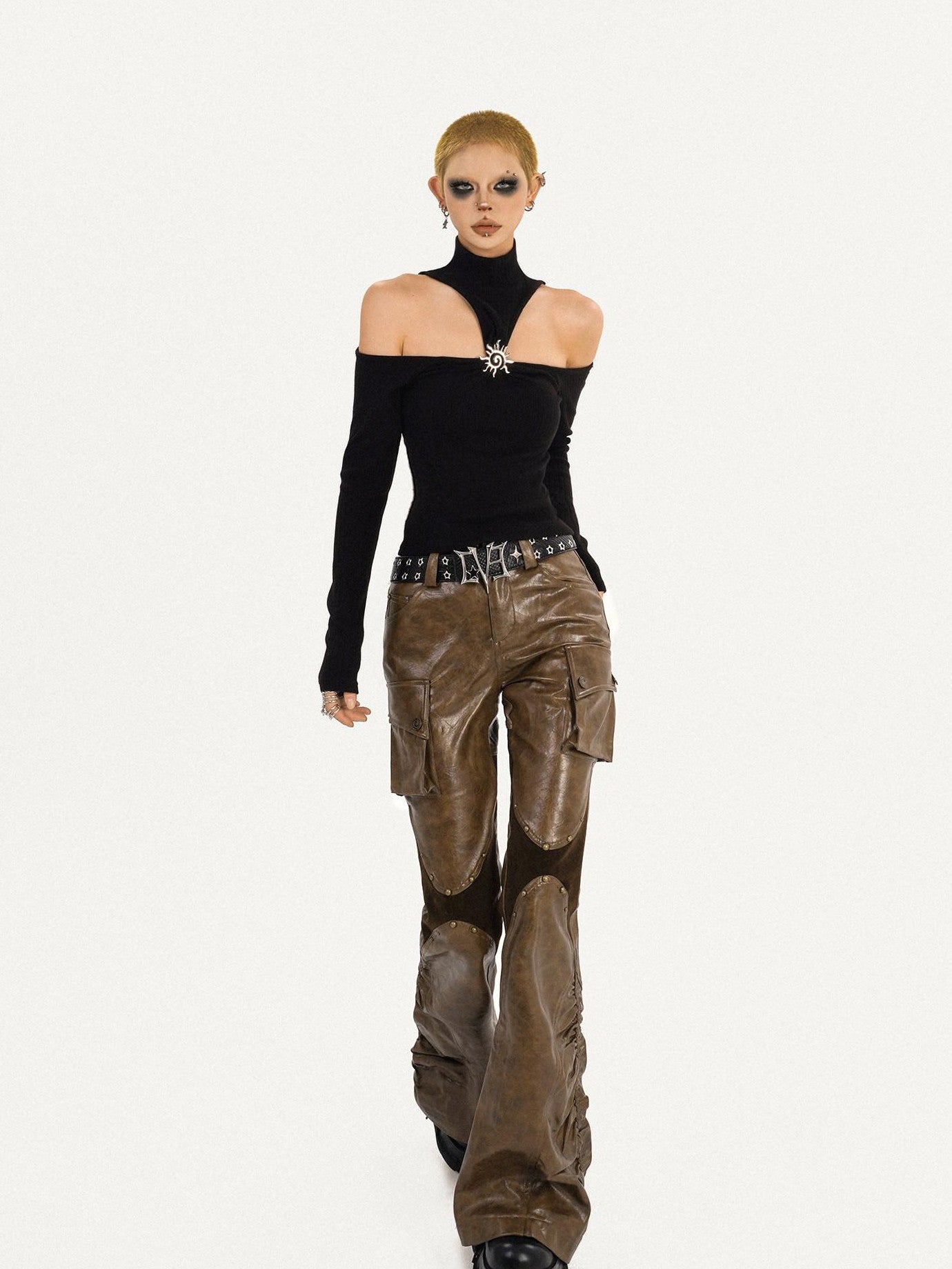 Nico Molly Patchwork Spliced Vintage Slim Micro Flare Workwear Women's Pu Leather Pants