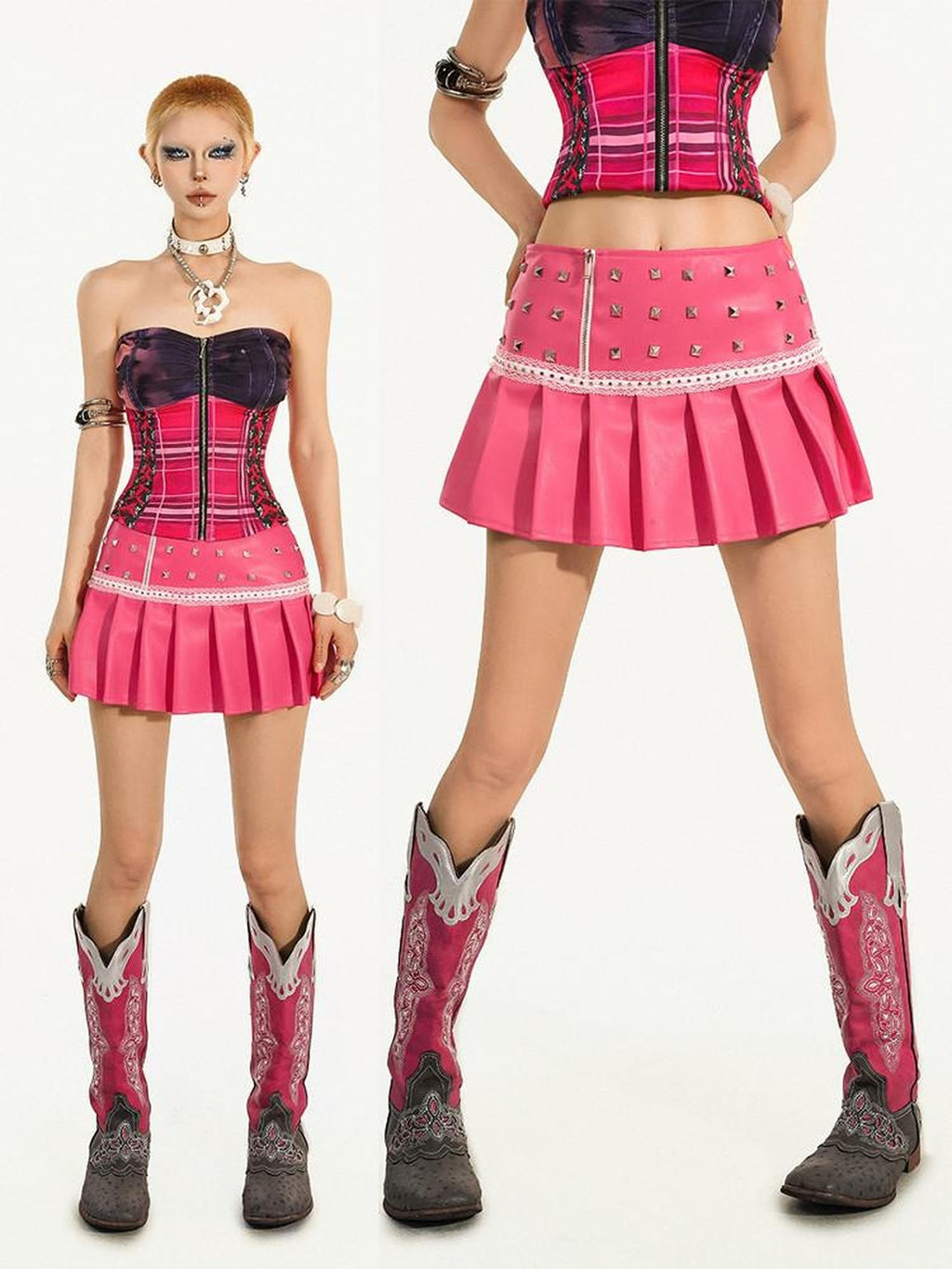 Nico Molly Pink Studded Pleated Embroidered A Line Low Waist Women's Pu Leather Mini Skirts
