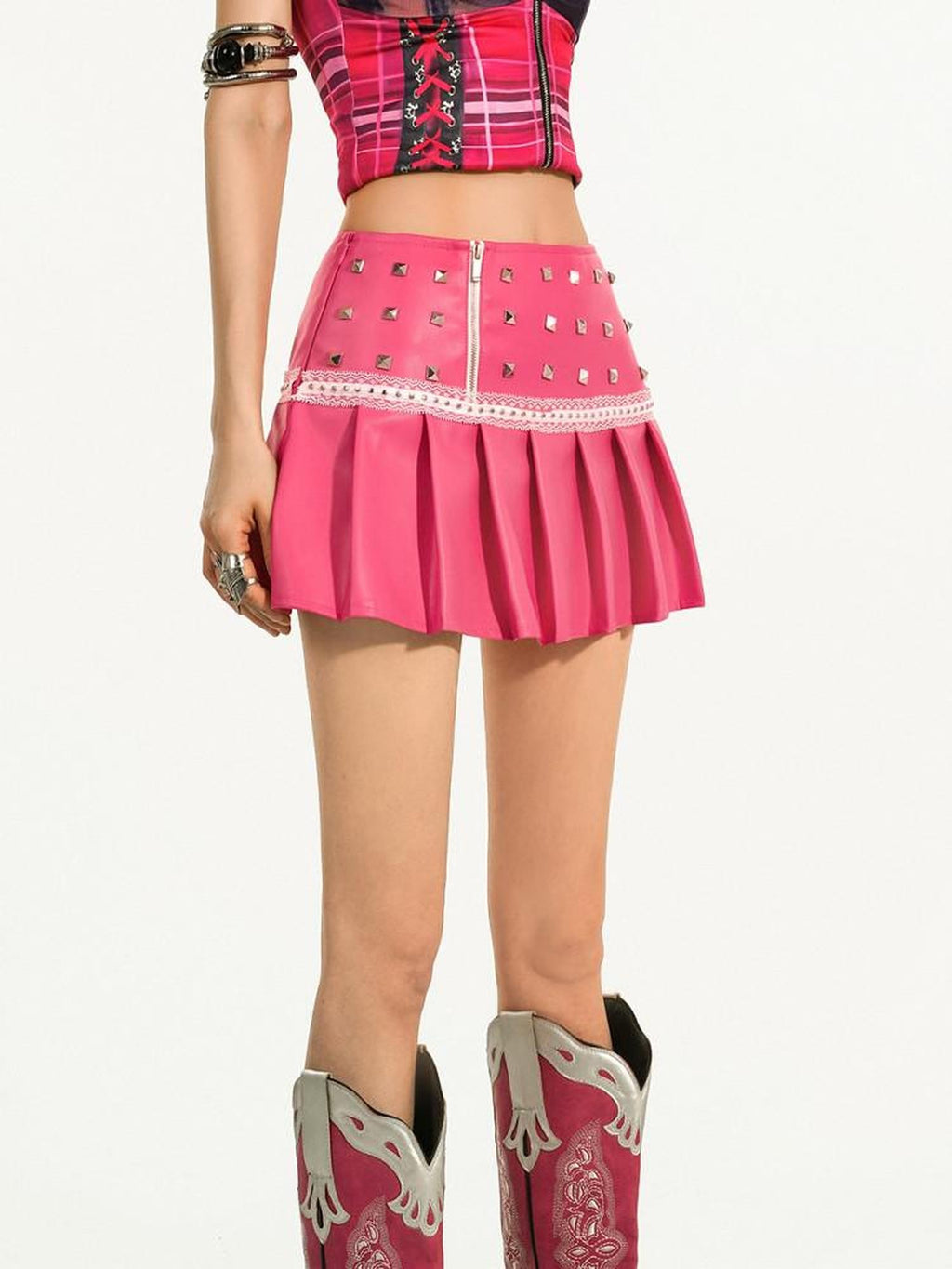 Nico Molly Pink Studded Pleated Embroidered A Line Low Waist Women's Pu Leather Mini Skirts
