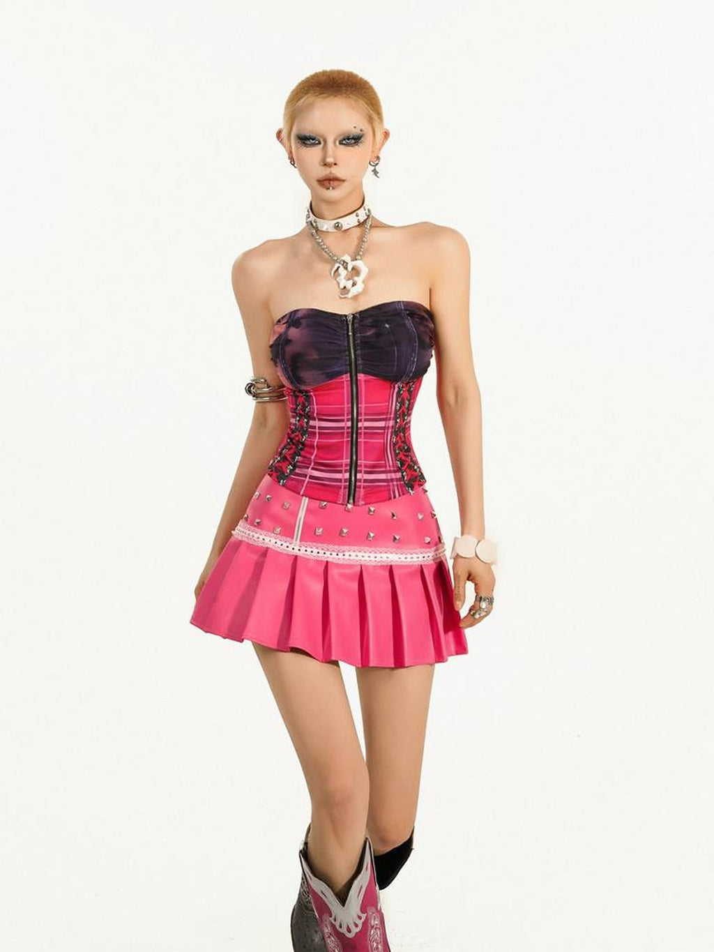 Nico Molly Pink Studded Pleated Embroidered A Line Low Waist Women's Pu Leather Mini Skirts