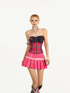 Nico Molly Pink Studded Pleated Embroidered A Line Low Waist Women's Pu Leather Mini Skirts