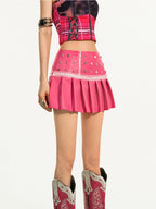 Nico Molly Pink Studded Pleated Embroidered A Line Low Waist Women's Pu Leather Mini Skirts