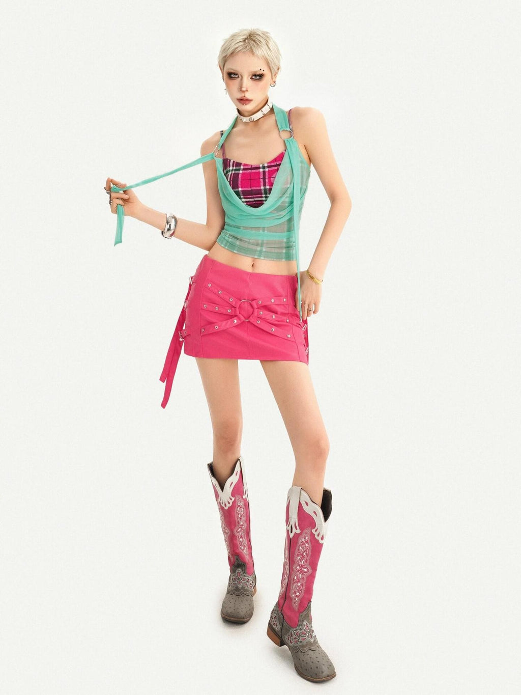 Nico Molly Plaid Halter Fake Two Piece Slim Fit Women's Padded Tank Tops
