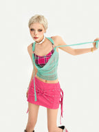 Nico Molly Plaid Halter Fake Two Piece Slim Fit Women's Padded Tank Tops