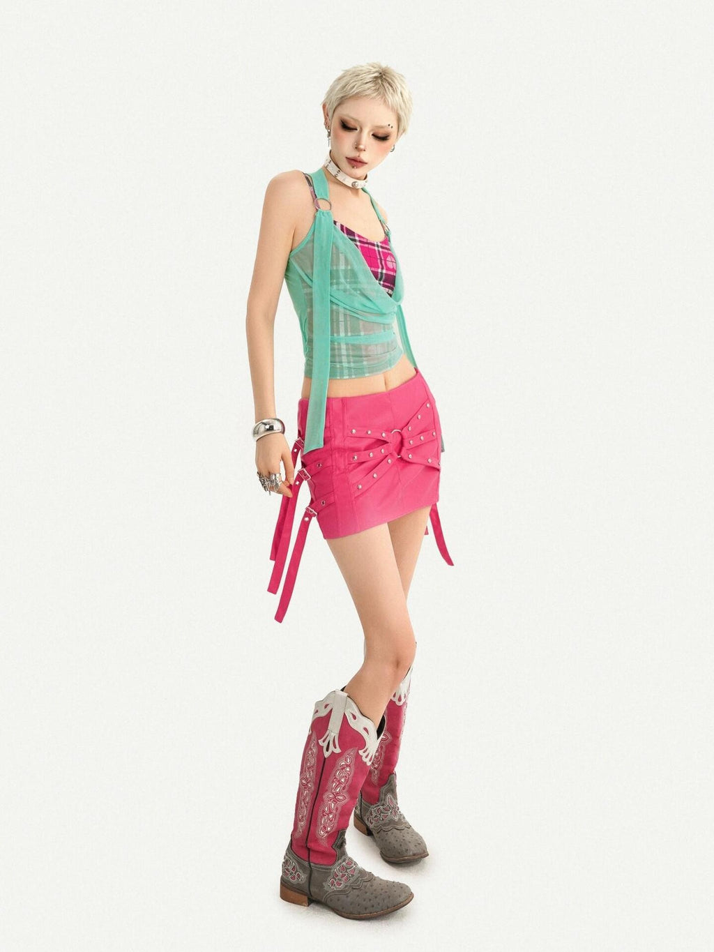 Nico Molly Plaid Halter Fake Two Piece Slim Fit Women's Padded Tank Tops
