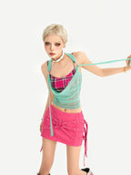Nico Molly Plaid Halter Fake Two Piece Slim Fit Women's Padded Tank Tops