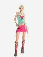 Nico Molly Plaid Halter Fake Two Piece Slim Fit Women's Padded Tank Tops