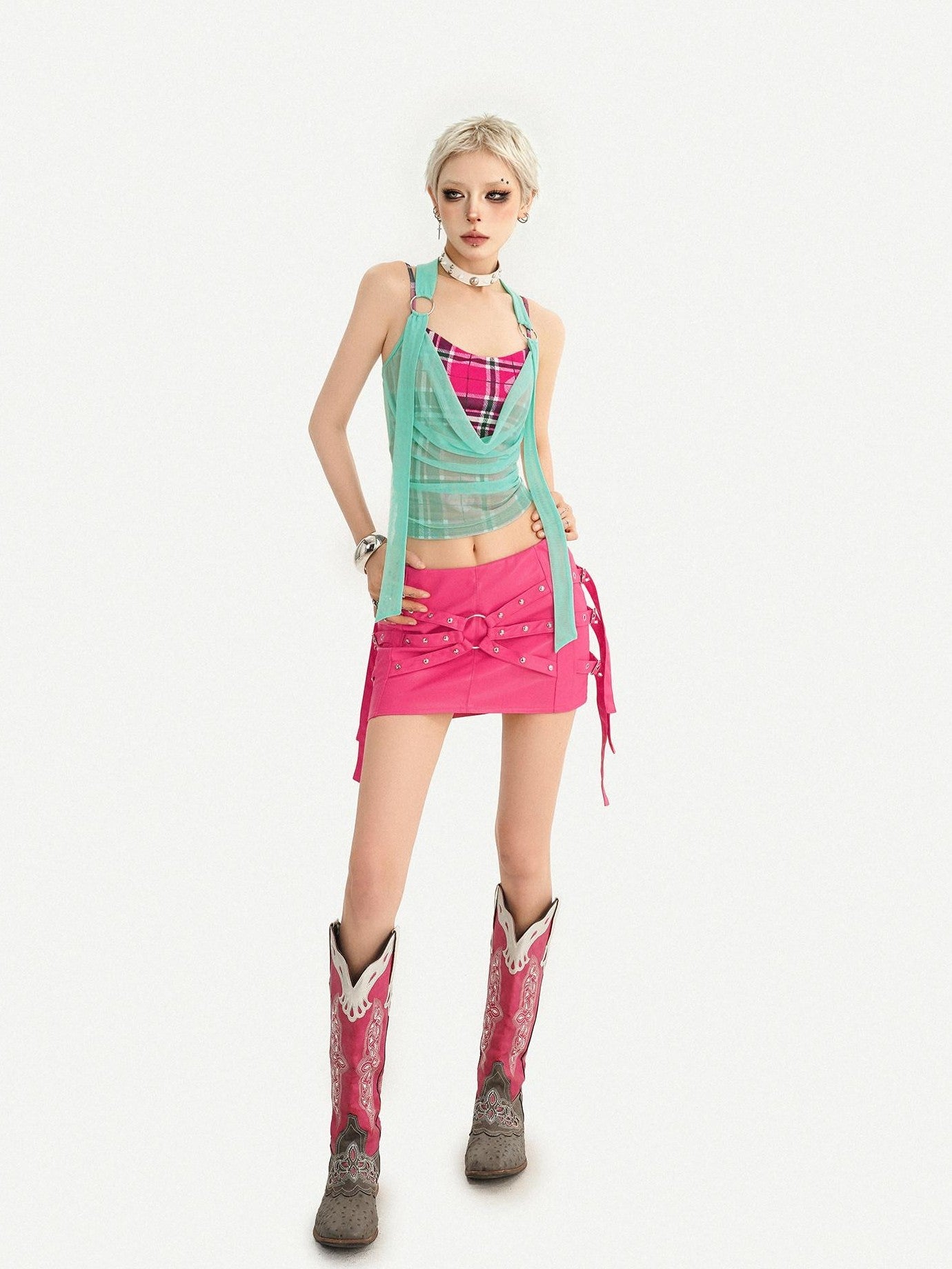 Nico Molly Plaid Halter Fake Two Piece Slim Fit Women's Padded Tank Tops