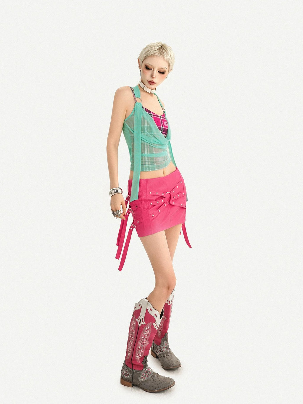 Nico Molly Plaid Halter Fake Two Piece Slim Fit Women's Padded Tank Tops