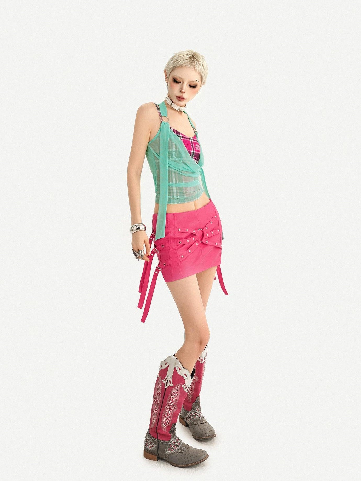 Nico Molly Plaid Halter Fake Two Piece Slim Fit Women's Padded Tank Tops