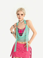 Nico Molly Plaid Halter Fake Two Piece Slim Fit Women's Padded Tank Tops