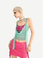 Nico Molly Plaid Halter Fake Two Piece Slim Fit Women's Padded Tank Tops