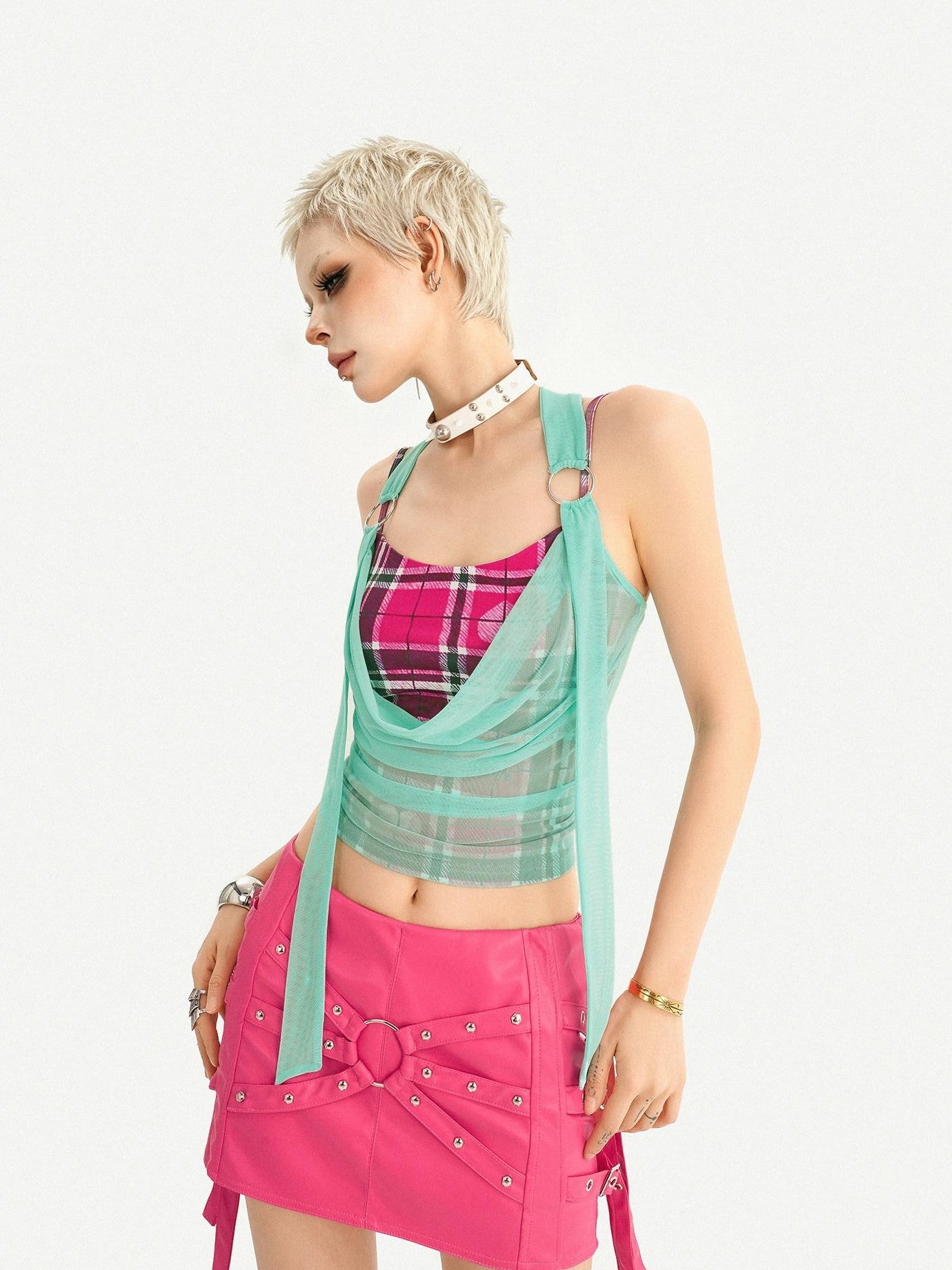 Nico Molly Plaid Halter Fake Two Piece Slim Fit Women's Padded Tank Tops