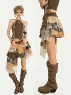 Nico Molly Plaid Lace Irregular Ribbon Tiered Patchwork Women's Polyester Midi Skirts