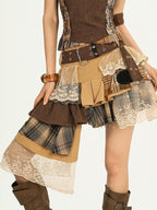 Nico Molly Plaid Lace Irregular Ribbon Tiered Patchwork Women's Polyester Midi Skirts