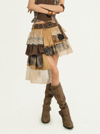 Nico Molly Plaid Lace Irregular Ribbon Tiered Patchwork Women's Polyester Midi Skirts