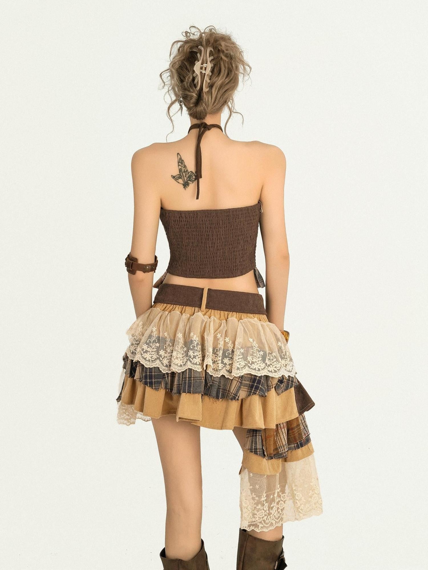 Nico Molly Plaid Lace Irregular Ribbon Tiered Patchwork Women's Polyester Midi Skirts