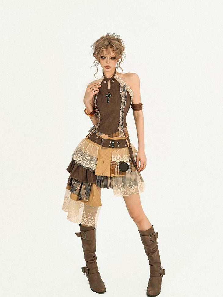 Nico Molly Plaid Lace Irregular Ribbon Tiered Patchwork Women's Polyester Midi Skirts