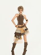 Nico Molly Plaid Lace Irregular Ribbon Tiered Patchwork Women's Polyester Midi Skirts