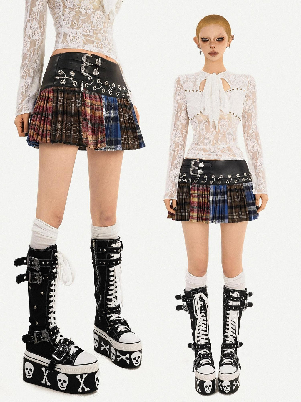 Nico Molly Plaid Punk Lace Up Patchwork Pleated High Waist Women's Pu Polyester Mini Skirts