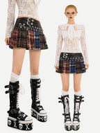 Nico Molly Plaid Punk Lace Up Patchwork Pleated High Waist Women's Pu Polyester Mini Skirts