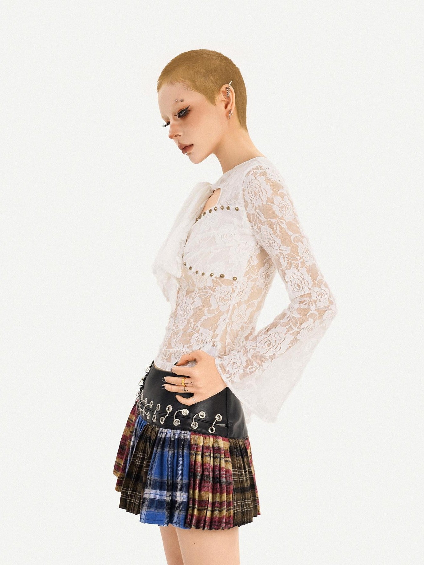Nico Molly Plaid Punk Lace Up Patchwork Pleated High Waist Women's Pu Polyester Mini Skirts