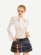 Nico Molly Plaid Punk Lace Up Patchwork Pleated High Waist Women's Pu Polyester Mini Skirts