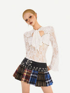 Nico Molly Plaid Punk Lace Up Patchwork Pleated High Waist Women's Pu Polyester Mini Skirts