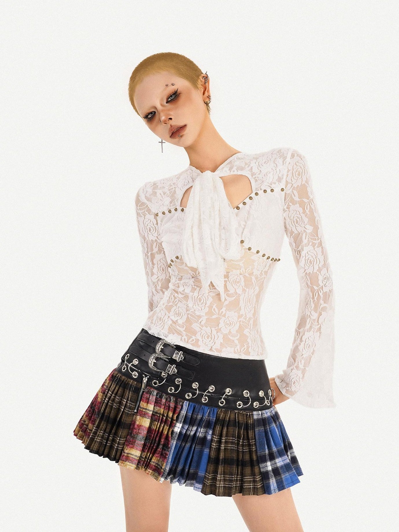Nico Molly Plaid Punk Lace Up Patchwork Pleated High Waist Women's Pu Polyester Mini Skirts