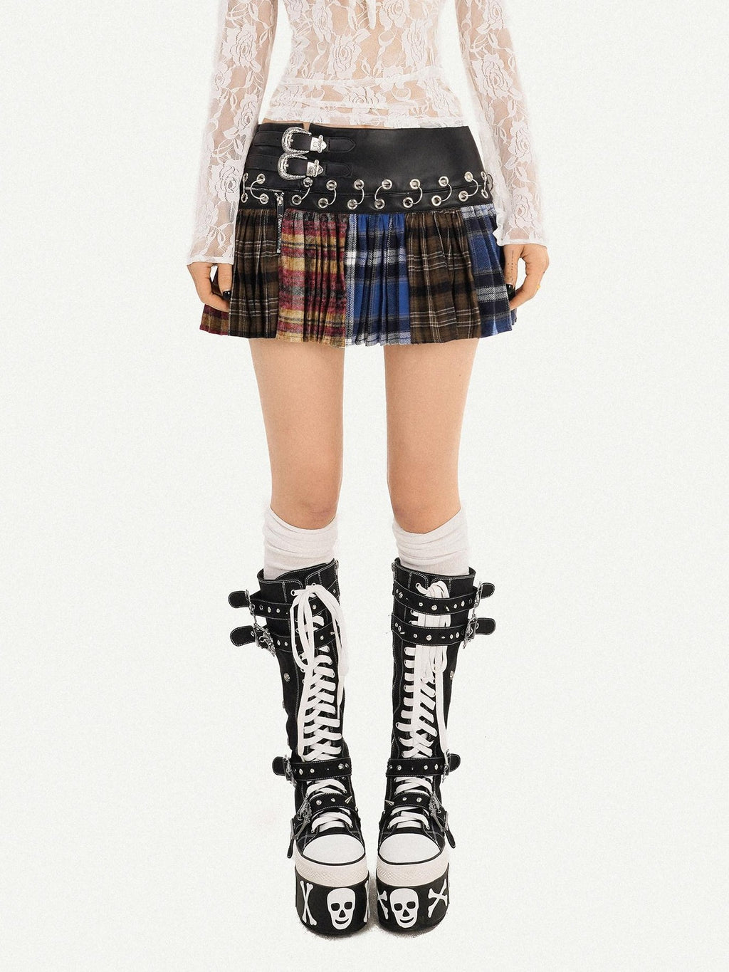 Nico Molly Plaid Punk Lace Up Patchwork Pleated High Waist Women's Pu Polyester Mini Skirts