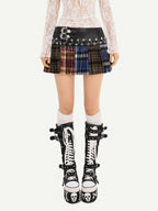 Nico Molly Plaid Punk Lace Up Patchwork Pleated High Waist Women's Pu Polyester Mini Skirts