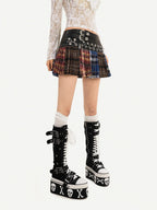 Nico Molly Plaid Punk Lace Up Patchwork Pleated High Waist Women's Pu Polyester Mini Skirts