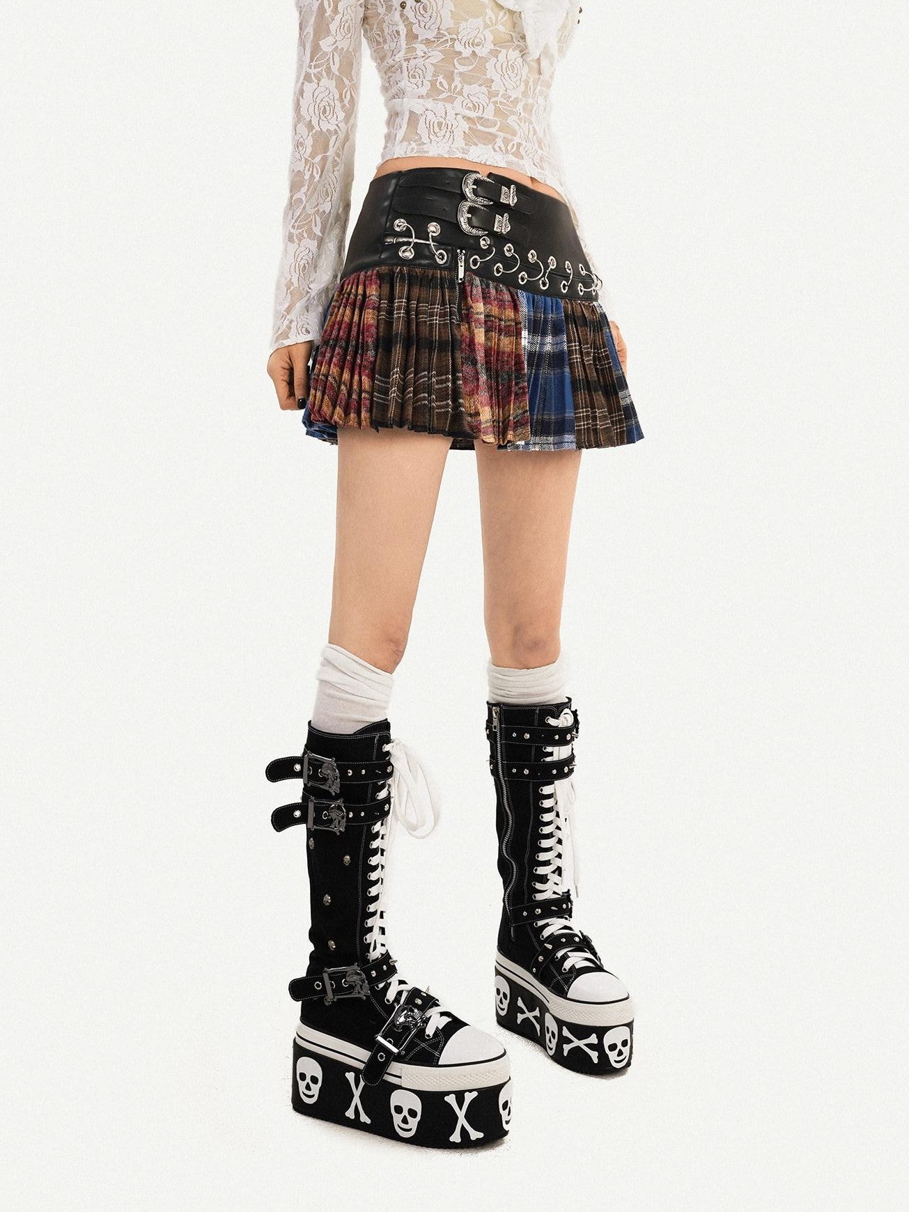 Nico Molly Plaid Punk Lace Up Patchwork Pleated High Waist Women's Pu Polyester Mini Skirts