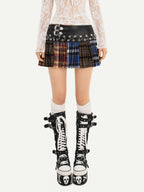 Nico Molly Plaid Punk Lace Up Patchwork Pleated High Waist Women's Pu Polyester Mini Skirts