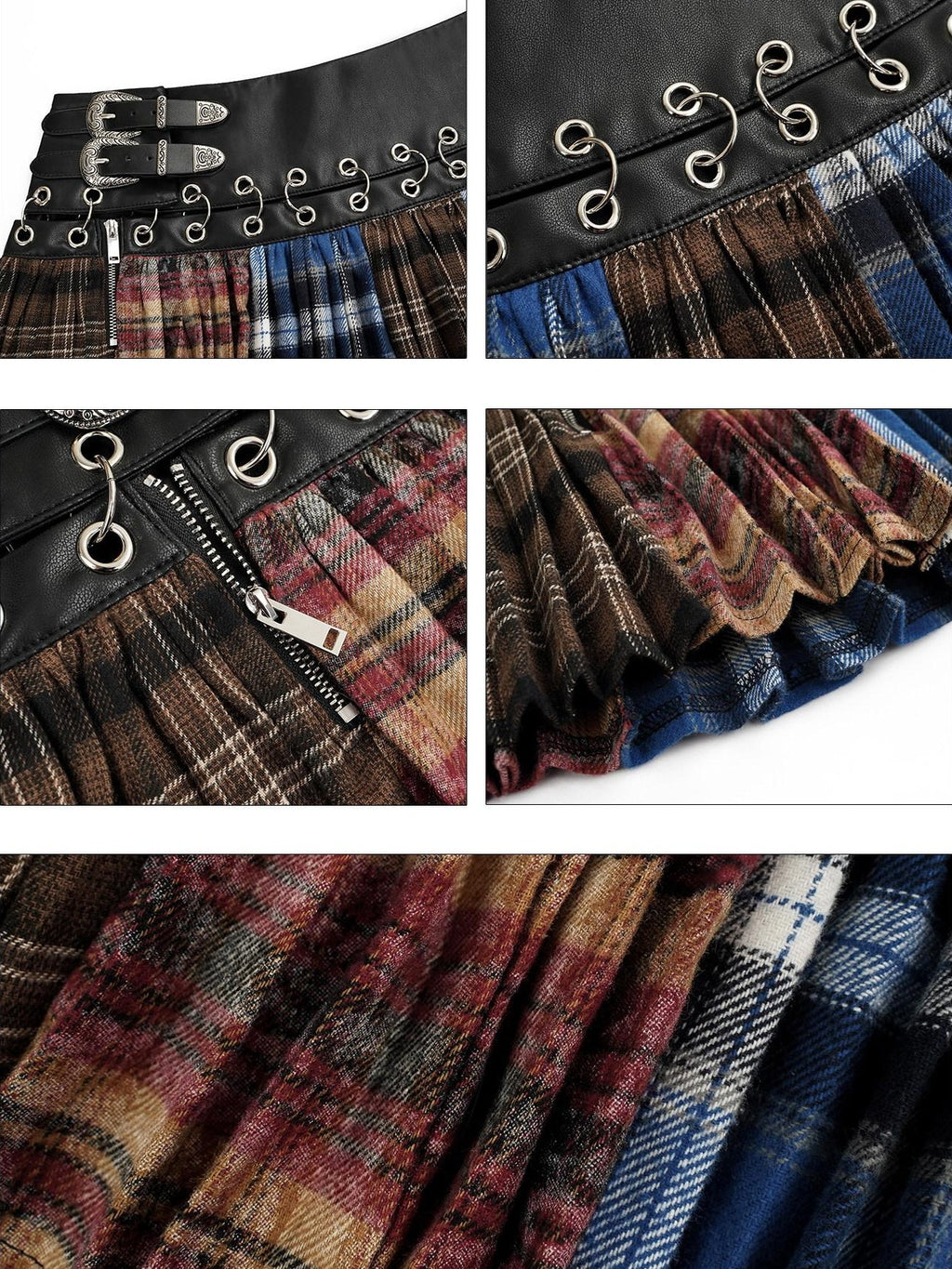 Nico Molly Plaid Punk Lace Up Patchwork Pleated High Waist Women's Pu Polyester Mini Skirts