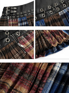Nico Molly Plaid Punk Lace Up Patchwork Pleated High Waist Women's Pu Polyester Mini Skirts