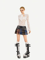 Nico Molly Plaid Punk Lace Up Patchwork Pleated High Waist Women's Pu Polyester Mini Skirts