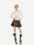 Nico Molly Plaid Punk Lace Up Patchwork Pleated High Waist Women's Pu Polyester Mini Skirts