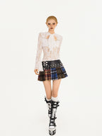 Nico Molly Plaid Punk Lace Up Patchwork Pleated High Waist Women's Pu Polyester Mini Skirts