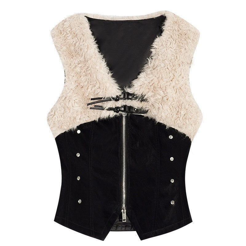 Nico_Molly_Plush_Patchwork_Fur_Collar_Zippered_Slim_V-neck_Women's_Leather_Vests_1004248339440_MISSTT