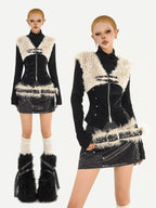 Nico Molly Plush Patchwork Fur Collar Zippered Slim V-neck Women's Leather Vests