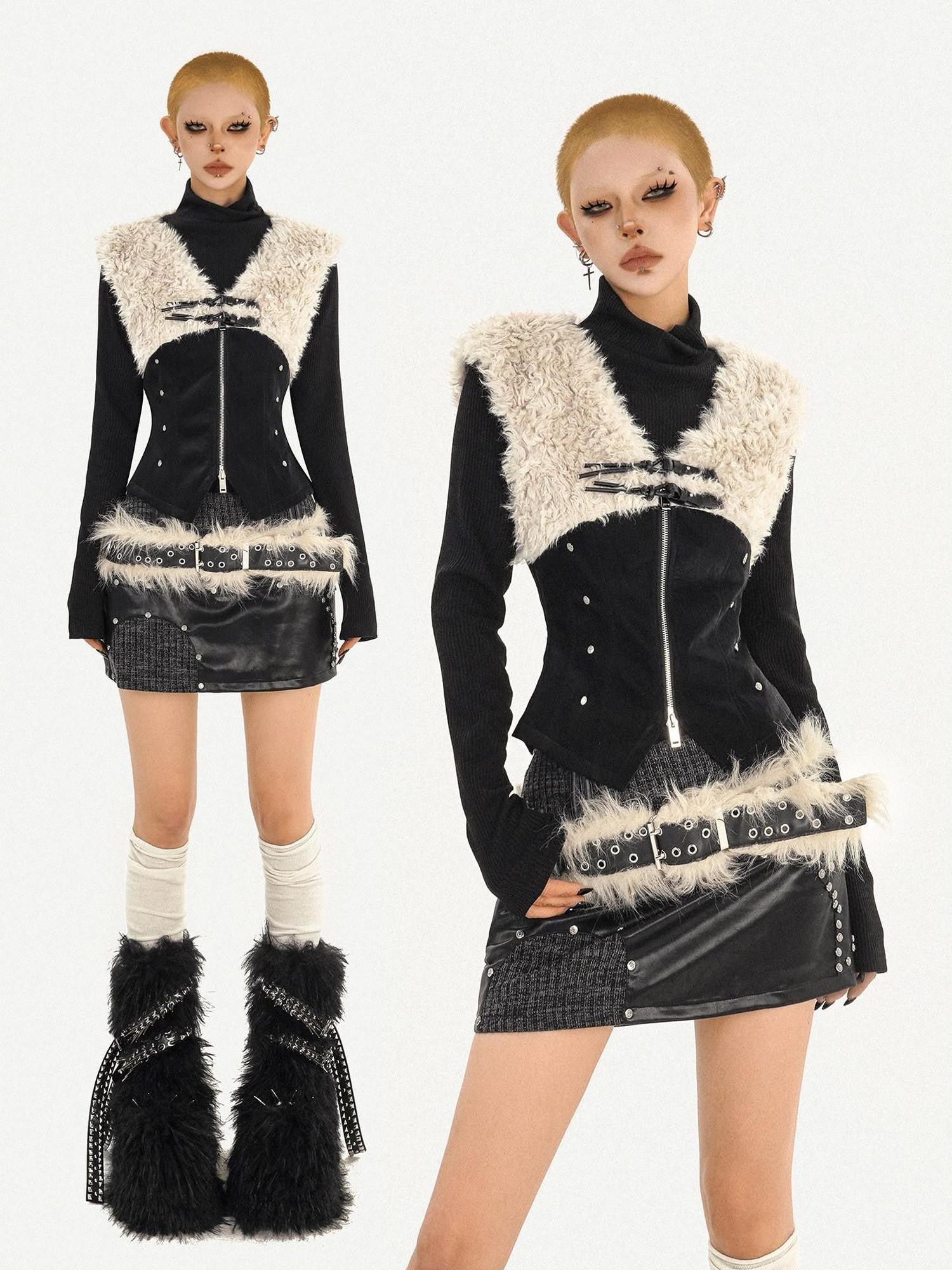 Nico Molly Plush Patchwork Fur Collar Zippered Slim V-neck Women's Leather Vests