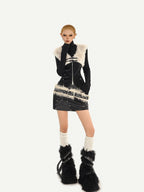 Nico Molly Plush Patchwork Fur Collar Zippered Slim V-neck Women's Leather Vests