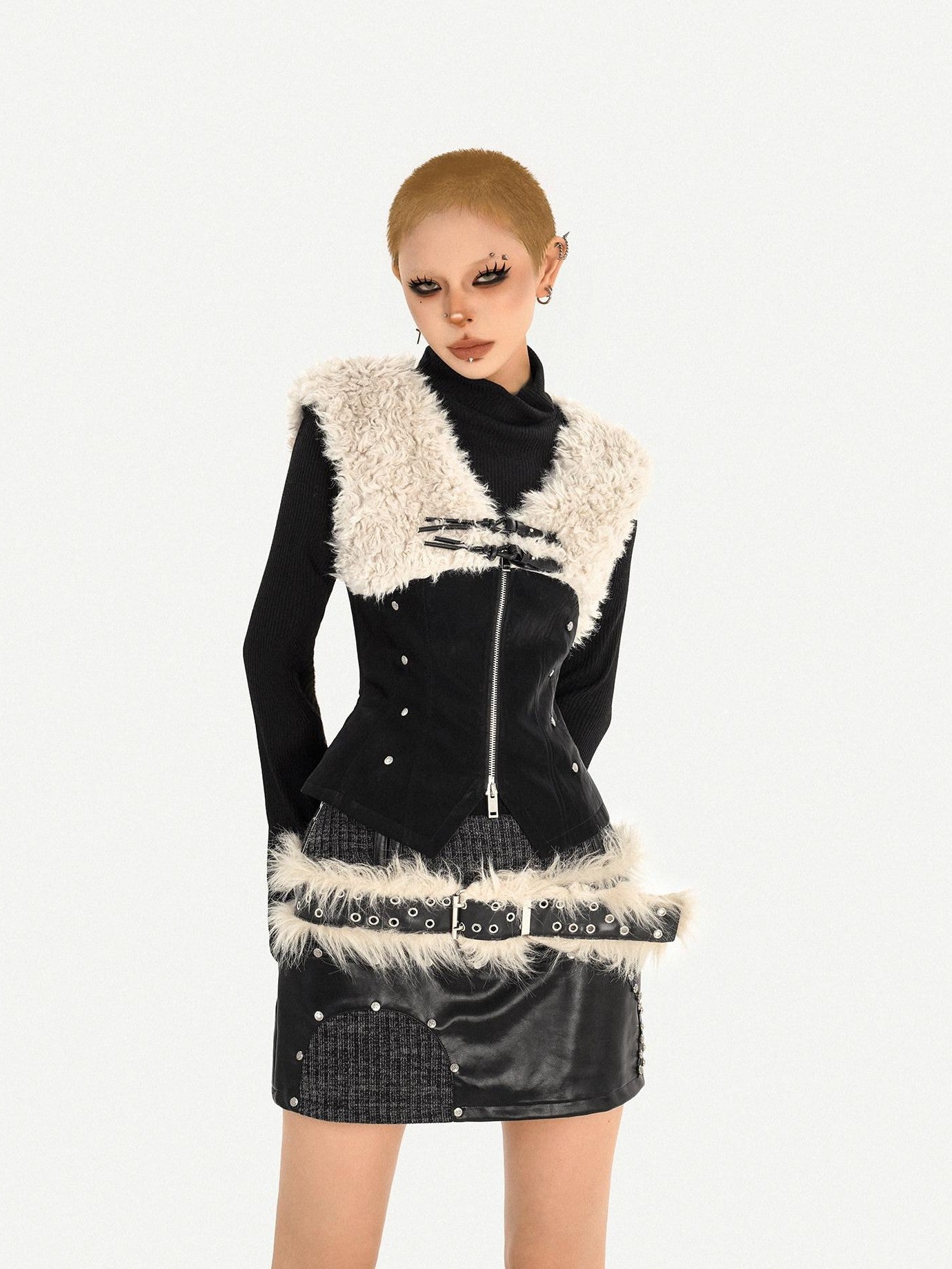 Nico Molly Plush Patchwork Fur Collar Zippered Slim V-neck Women's Leather Vests