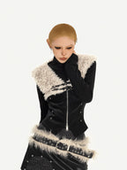 Nico Molly Plush Patchwork Fur Collar Zippered Slim V-neck Women's Leather Vests