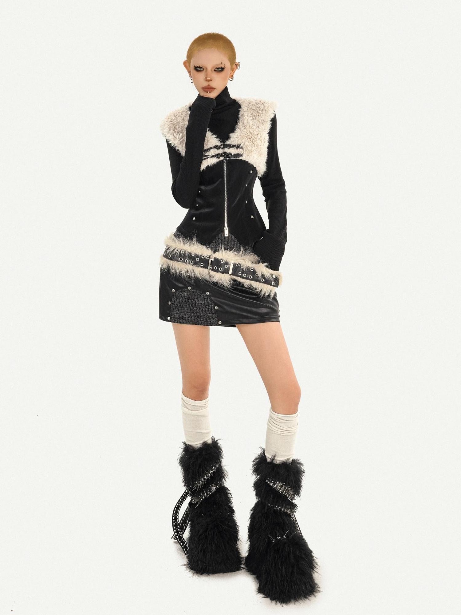 Nico Molly Plush Patchwork Fur Collar Zippered Slim V-neck Women's Leather Vests
